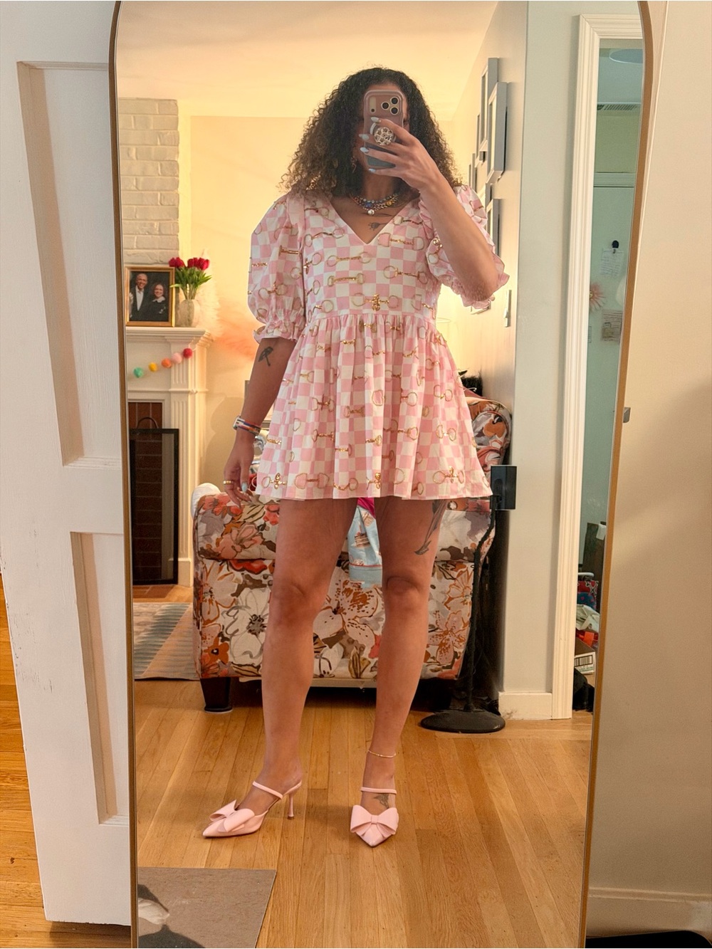 NWOT Queen of Sparkles Pink Check Horse Bit Puff-Sleeve Mini Dress